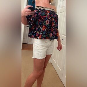 GUESS Boho Floral Off-Shoulder Top in Black